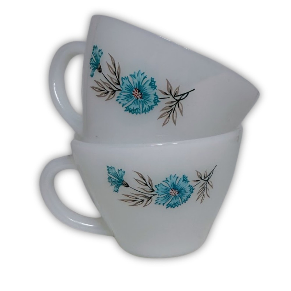 Fire King Milk Glass Teacups Set of 2 Blue Cornflower Anniversary Pattern VTG‎